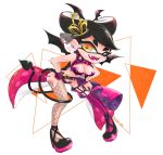  +_+ 1girl aori_(splatoon) bat_wings black_hair breasts crown demon_tail domino_mask earrings fangs fishnet_legwear fishnets halloween_costume highres jewelry mask mole mole_under_eye okome_2g2g pointy_ears solo splatoon splatoon_(series) splatoon_1 tail tentacle_hair wings wrist_cuffs 