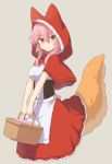  bangs basket blush bow brown_eyes cape drawfag fate/extra fate/grand_order fate_(series) fox_tail hair_between_eyes little_red_riding_hood pink_hair smile tail tamamo_(fate)_(all) tamamo_no_mae_(fate) 