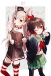  2girls amatsukaze_(kantai_collection) brown_dress brown_eyes brown_hair crescent crescent_moon_pin dress feet_out_of_frame food garter_straps gradient_hair green_sailor_collar green_skirt hair_tubes hat inogashi jacket kantai_collection lifebuoy long_hair mini_hat multicolored_hair multiple_girls mutsuki_(kantai_collection) neckerchief one_eye_closed pantyhose pleated_skirt pocky red_legwear red_neckwear redhead remodel_(kantai_collection) sailor_collar sailor_dress school_uniform serafuku short_dress short_hair silver_hair skirt standing striped striped_legwear thigh-highs two_side_up windsock 