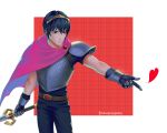  1boy absurdres armor blue_eyes blue_hair cape deltarune fire_emblem fire_emblem:_mystery_of_the_emblem gloves highres kris_(deltarune) marth nintendo pink_scarf scarf short_hair simple_background snowscapism solo sword weapon 