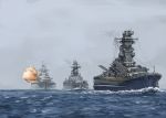  admiral_graf_spee_(battleship) battleship bismarck_(battleship) cannon commentary day highres hozumi_(ouchan) military military_vehicle no_humans ocean real_life scenery ship turret warship watercraft waves yamato_(battleship) 