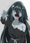  bandage black_hair eyebrows_visible_through_hair green_skin hair_between_eyes hand_up highres long_hair lotus12000 open_mouth red_eyes yamada_tae zombie zombie_land_saga 