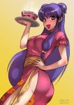  1girl ass bell blush bowl breasts china_dress chinese_clothes commentary double_bun dress eyebrows_visible_through_hair gradient gradient_background hair_bell hair_ornament hand_on_hip large_breasts long_hair looking_at_viewer looking_back open_mouth puffy_short_sleeves puffy_sleeves purple_hair ranma_1/2 sgk shampoo_(ranma_1/2) short_sleeves sidelocks smile solo steam tray 