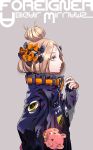  1girl abigail_williams_(fate/grand_order) black_bow black_coat blonde_hair blue_eyes bow character_name commentary_request fate/grand_order fate_(series) from_side grey_background hair_bow hair_bun hand_up heroic_spirit_traveling_outfit highres long_sleeves orange_bow polka_dot polka_dot_bow profile simple_background solo stuffed_animal stuffed_toy teddy_bear tenobe upper_body 