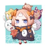  1girl :&lt; abigail_williams_(fate/grand_order) bangs black_bow black_jacket blonde_hair blue_eyes blush bow chibi commentary_request crossed_bandaids fate/grand_order fate_(series) fou_(fate/grand_order) full_body gasuto_(kamikami) hair_bow hair_bun heroic_spirit_traveling_outfit jacket lavinia_whateley_(fate/grand_order) long_hair long_sleeves looking_at_viewer medjed object_hug orange_bow parted_bangs parted_lips polka_dot polka_dot_bow queen_of_sheba_(fate/grand_order) red_bow red_footwear shoes sleeves_past_fingers sleeves_past_wrists solo stuffed_animal stuffed_toy teddy_bear triangle_mouth 
