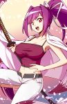  1girl armpits artist_name breasts cherry_blossoms cleavage collarbone commentary crop_top english_commentary eyebrows_visible_through_hair gradient gradient_background hair_ribbon highres jacket_on_shoulders large_breasts leg_up long_hair looking_at_viewer lyn_(shunao) magenta_eyes midriff navel open_mouth pants purple_hair ribbon solo sword unbuttoned unbuttoned_pants under_night_in-birth weapon white_pants yuzuriha_(under_night_in-birth) 