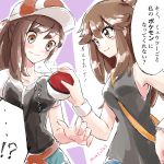  !? ... 2girls ayumi_(pokemon) bag baseball_cap blue_(pokemon) blush breasts brown_eyes brown_hair closed_mouth creatures_(company) dress eyebrows_visible_through_hair game_freak hat highres large_breasts long_hair medium_breasts multiple_girls nintendo poke_ball pokemon pokemon_(game) pokemon_lgpe pokemon_special ponytail rame short_sleeves shorts sleeveless sleeveless_dress smile speech_bubble text_focus translation_request wavy_mouth 