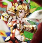  1girl abs bare_shoulders blonde_hair bodysuit brown_eyes clenched_hands deadball_iwata determined fighting_stance gauntlets headgear headphones highres light_brown_eyes light_brown_hair senki_zesshou_symphogear short_hair solo tachibana_hibiki_(symphogear) yellow_eyes 