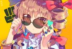  1girl bangle bangs bow bracelet brown_eyes closed_mouth commentary drill_hair eyebrows_visible_through_hair eyelashes hair_bow high_collar jewelry light_brown_hair looking_at_viewer pendant ribbon ring round_eyewear sunglasses to-den_(v-rinmiku) touhou twin_drills yorigami_jo&#039;on 