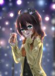  1girl absurdres ahoge asao_(flavor_of_morning) blue_eyes blurry blurry_background blush brown_hair commentary_request energy_drink hair_between_eyes hair_ribbon heavy_breathing highres hololive jacket looking_at_viewer natsuiro_matsuri open_mouth ribbon scarf snowing solo virtual_youtuber 