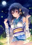  1girl bangs bare_shoulders black_hair blue_skirt breasts brown_eyes closed_mouth clouds commentary_request eyebrows_visible_through_hair fujiwara_hajime full_moon hair_between_eyes hair_ornament hands_up idolmaster idolmaster_cinderella_girls japanese_clothes kimono long_sleeves moon night night_sky obi outdoors pf ribbon_trim sash see-through see-through_sleeves short_kimono skirt sky small_breasts smile solo star_(sky) starry_sky veil white_kimono wide_sleeves 