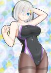  1girl black_legwear black_swimsuit blue_eyes breasts competition_swimsuit covered_navel cowboy_shot eyes_visible_through_hair hair_ornament hair_over_one_eye hairclip hamakaze_(kantai_collection) highres kantai_collection large_breasts looking_at_viewer multicolored multicolored_background one-piece_swimsuit ouka_yozakura pantyhose pantyhose_under_swimsuit short_hair silver_hair solo standing swimsuit thighband_pantyhose 