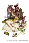  1girl 2016 asymmetrical_arms body_horror bridal_gauntlets brown_hair copyright_name covering covering_breasts dated dmm earrings extra_eyes extra_mouth horn jewelry looking_at_viewer official_art pointy_ears red_eyes scar shoes single_shoe teeth torn_clothes yuba_no_shirushi zenmaibook 