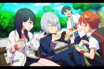  1girl 3boys anti_(ssss.gridman) bangs black_hair black_pants black_skirt blue_eyes blue_pants blue_shirt blue_sky bow bowtie breasts cardigan closed_eyes clouds cloudy_sky collared_shirt commentary_request cup day doughnut eyebrows_visible_through_hair food glasses green_hair green_shirt hibiki_yuuta holding holding_cup holding_food letterboxed long_hair long_sleeves medium_breasts miniskirt multiple_boys napkin nnyara open_clothes open_shirt orange_scrunchie pants pleated_skirt red_bow red_neckwear redhead school_uniform scrunchie shirt short_sleeves silver_hair sitting skirt sky squatting ssss.gridman sweat sweater takarada_rikka thighs tree utsumi_shou waistcoat white_cardigan white_shirt white_sweater wing_collar wrist_scrunchie 