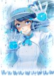 1girl against_fourth_wall against_glass artist_request blue_eyes blue_hair capelet gloves hat long_sleeves looking_at_viewer shaded_face smile solo suntory suntory_nomu virtual_youtuber white_hat 