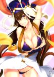  1girl arm_up beads bikini blush breast_hold breasts brown_hair cleavage collarbone contrapposto fate/grand_order fate_(series) grin hat highres jewelry large_breasts long_hair looking_at_viewer mattari_yufi prayer_beads purple_bikini signature smile solo swimsuit xuanzang_(fate/grand_order) yellow_eyes 