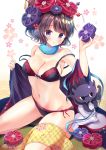  1girl armpits ass_visible_through_thighs bangs bare_shoulders black_bra black_hair black_kimono black_panties blue_ribbon blush bra breasts chestnut_mouth cleavage collarbone commentary_request eyebrows_visible_through_hair fate/grand_order fate_(series) floral_background groin hair_bun hair_ornament hairpin hand_up highres holding japanese_clothes katsushika_hokusai_(fate/grand_order) kimono large_breasts looking_at_viewer masayo_(gin_no_ame) navel no_shoes octopus panties parted_lips ribbon seigaiha seiza shiny shiny_hair short_hair side-tie_panties sitting socks solo strap_slip tatami tokitarou_(fate/grand_order) underwear violet_eyes white_legwear wide_sleeves 