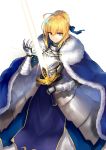  1girl ahoge armor armored_dress artoria_pendragon_(all) blonde_hair blue_cape blue_dress blue_eyes blue_ribbon braided_bun cape dress excalibur eyebrows_visible_through_hair fate/stay_night fate_(series) faulds fur_trim gauntlets hair_between_eyes hair_ribbon highres holding holding_sword holding_weapon jazztaki ribbon saber shiny shiny_hair short_hair_with_long_locks sidelocks simple_background solo standing sword tied_hair weapon white_background 