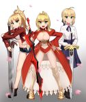  3girls :d aestus_estus ahoge artoria_pendragon_(all) belt black_footwear black_legwear blonde_hair blue_ribbon blue_skirt boots braid breasts clarent cleavage cleavage_cutout commentary commission cowfee cropped_jacket crown_braid cutoffs dress english_commentary excalibur eyebrows_visible_through_hair fate/apocrypha fate/extra fate/stay_night fate_(series) full_body gradient gradient_background greaves green_eyes groin hair_ribbon hand_on_hip high-waist_skirt highres jacket juliet_sleeves large_breasts leaning_forward legs_apart long_hair long_sleeves looking_at_viewer micro_shorts midriff mordred_(fate) mordred_(fate)_(all) multiple_girls nero_claudius_(fate) nero_claudius_(fate)_(all) open_clothes open_dress open_mouth pantyhose petals ponytail puffy_sleeves red_dress red_jacket red_ribbon ribbon saber shirt short_hair shorts simple_background skirt smile standing sword v-shaped_eyebrows weapon white_shirt wide_sleeves 