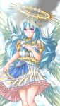  1girl absurdres angel angel_wings blue_hair blush breasts bridal_veil cleavage cowboy_shot dress duku_(hus7788950) feathered_wings gradient gradient_background halo hand_on_own_chest highres large_breasts layered_dress light_blue_hair light_smile looking_at_viewer monster_strike multiple_wings petticoat pleated_skirt raphael_(monster_strike) skirt skirt_hold smile solo standing strapless strapless_dress veil violet_eyes wings 