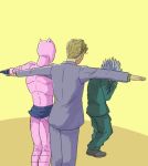  blonde_hair cowering diamond_wa_kudakenai from_behind gakuran green_gakuran grey_hair hirose_kouichi jojo_no_kimyou_na_bouken killer_queen kira_yoshikage meme parody purple_suit school_uniform t-pose 