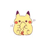  :3 ayu_(mog) biting black_eyes bright_pupils commentary creatures_(company) full_body game_freak gen_1_pokemon looking_at_viewer motion_lines nintendo no_humans pikachu pokemon pokemon_(creature) signature simple_background sitting solo tail tail_biting white_neckwear 