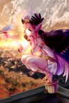  1girl awa_(rosemarygarden) bird bracelet circe_(fate/grand_order) clouds cross-laced_sandals dove fate/grand_order fate_(series) head_on_hand helmet highres jewelry long_hair pink_hair pointy_ears rooftop sandals sky skyline smile squatting sunset tree very_long_hair winged_helmet 