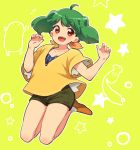  1girl ahoge alternate_costume arms_up breasts cleavage fang fuuka_(fu-haru) green_hair jumping legs_up macross macross_frontier nail_art nail_polish open_mouth pink_nails ranka_lee red_eyes short_hair shorts small_breasts smile solo w_arms 