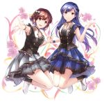  2girls blue_hair blue_skirt bow brown_eyes brown_hair choker collarbone floating_hair full_body grey_skirt hagiwara_yukiho hair_bow hand_holding highres idolmaster idolmaster_(classic) izuki_(toneya) kisaragi_chihaya long_hair looking_at_viewer multiple_girls outstretched_arm shiny shiny_hair short_hair skirt sleeveless sleeves very_long_hair white_background 