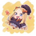  1girl :d abigail_williams_(fate/grand_order) bangs black_bow black_dress black_footwear black_hat blonde_hair bloomers blue_eyes blush bow bug butterfly chibi commentary_request crossed_bandaids dress fate/grand_order fate_(series) forehead full_body hair_bow hat highres insect long_hair long_sleeves open_mouth orange_bow parted_bangs polka_dot polka_dot_bow round_teeth sleeves_past_fingers sleeves_past_wrists smile solo sparkle stuffed_animal stuffed_toy teddy_bear teeth underwear upper_teeth v-shaped_eyebrows very_long_hair wang_man white_bloomers 