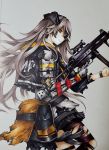  bangs brown_eyes brown_hair cowboy_shot from_side girls_frontline gloves gun h&amp;k_ump h&amp;k_ump45 hair_over_face heckler_&amp;_koch highres holding holding_gun holding_weapon hood hooded_jacket jacket lave2600 long_hair looking_at_viewer mechanical_arm medium_request messy_hair mod3_(girls_frontline) pouch profile single_glove standing submachine_gun torn_clothes torn_legwear traditional_media trigger_discipline ump45_(girls_frontline) vertical_foregrip weapon 