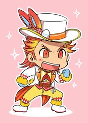  &gt;:d 1boy akai_suzaku alternate_costume azmy_(nyanbou) blue_gloves blush_stickers chibi clenched_hands coattails easter easter_egg egg formal fur_trim gloves hat idolmaster idolmaster_side-m male_focus multicolored_hair open_mouth pants red_eyes redhead sideburns smile suit top_hat two-tone_hair yellow_pants 