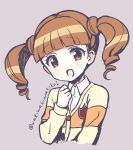  1girl :d absurdres bangs blunt_bangs blush brown_background brown_eyes brown_hair cardigan collared_shirt commentary_request copyright_request cropped_torso eyebrows_visible_through_hair hand_up highres long_sleeves neki_(wakiko) open_mouth ringlets shirt simple_background sketch smile solo twintails twitter_username white_shirt 