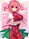  1girl bandage bandaged_arm bandages blush breasts chinese_clothes closed_mouth double_bun eyebrows_visible_through_hair flower green_skirt highres ibaraki_kasen large_breasts looking_at_viewer marota pink_background pink_hair puffy_short_sleeves puffy_sleeves red_eyes red_ribbon ribbon rose short_hair short_sleeves skirt solo touhou twitter_username 