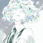  1other androgynous colored_eyelashes crystal_hair diamond_(houseki_no_kuni) eyebrows_visible_through_hair gem_uniform_(houseki_no_kuni) houseki_no_kuni looking_away multicolored multicolored_eyes multicolored_hair necktie rainbow_eyes rainbow_hair short_hair solo suspenders thick_eyebrows upper_body window 