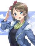  1girl :d arm_up bangs blue_eyes blue_jacket blue_sky blush bow breasts brown_hair clouds cloudy_sky collared_shirt commentary_request day dress_shirt eyebrows_visible_through_hair fur-trimmed_jacket fur_trim green_shirt hair_bow hairband head_tilt jacket love_live! love_live!_sunshine!! open_clothes open_jacket open_mouth parted_bangs plaid plaid_hairband red_bow red_hairband shirt sin_(sin52y) sky small_breasts smile solo striped striped_shirt upper_body vertical-striped_shirt vertical_stripes watanabe_you 