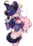  1girl breasts capelet cleavage commentary_request crop_top gloves hair_bun hair_ornament hat highres hololive izumi_sai long_hair looking_at_viewer midriff murasaki_shion navel ribbon silver_hair small_breasts solo transparent_background virtual_youtuber witch_hat yellow_eyes 