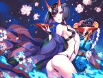 1girl :d ass black_hair black_panties breasts cup fate/grand_order fate_(series) food from_side fruit grapes hair_ornament horns looking_at_viewer nishimura_eri open_mouth panties petals sakazuki short_hair shuten_douji_(fate/grand_order) sideboob small_breasts smile solo standing underwear violet_eyes 