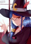  1girl absurdres artist_name blue_hair choker collarbone grey_choker hat hat_feather highres little_witch_academia long_hair looking_at_viewer red_eyes rimless_eyewear smile solo tegar32 ursula_charistes waving wide_sleeves witch witch_hat 