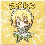  1girl apron bangs barefoot bikkuriman_(style) blonde_hair blush border brown_border brown_eyes character_name chibi closed_mouth detached_sleeves eyebrows_visible_through_hair fishnet_legwear fishnets flower flower_knight_girl frilled_apron frills green_skirt hair_between_eyes hair_flower hair_ornament head_tilt holding holding_knife knife looking_at_viewer maid_headdress parody puffy_short_sleeves puffy_sleeves rinechun short_hair short_sleeves skirt smile solo standing suiren_(flower_knight_girl) waist_apron white_apron white_flower white_sleeves 