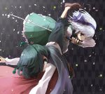  2girls antennae black_background black_cape blue_ribbon brown_footwear cape cherry_blossoms commentary_request expressionless fireflies green_eyes green_hair green_skirt green_vest hair_ribbon highres holding holding_sword holding_weapon kicking konpaku_youmu long_sleeves multiple_girls nunupon0514 ribbon shirt shoes short_hair shorts silver_hair skirt skirt_set smile sword touhou vest weapon white_shirt wriggle_nightbug 