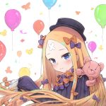  1girl abigail_williams_(fate/grand_order) balloon bangs black_bow black_dress black_hat blonde_hair blue_eyes blush bow bug butterfly closed_mouth commentary_request crossed_bandaids dress fate/grand_order fate_(series) hair_bow hat head_tilt highres insect long_hair long_sleeves orange_bow parted_bangs polka_dot polka_dot_bow simple_background sleeves_past_fingers sleeves_past_wrists smile solo stuffed_animal stuffed_toy teddy_bear upper_body very_long_hair wang_man white_background 