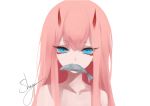  1girl artist_name bangs blue_eyes chinese_commentary collarbone commentary_request darling_in_the_franxx eyebrows_visible_through_hair eyelashes eyeshadow fish hair_between_eyes horns long_hair makeup mouth_hold nude pink_hair portrait sheya sidelocks signature simple_background solo white_background zero_two_(darling_in_the_franxx) 