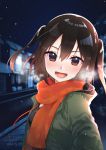  1girl black_hair breath brown_eyes commentary_request green_jacket house jacket kantai_collection koruri looking_at_viewer open_mouth orange_scarf road scarf sendai_(kantai_collection) solo two_side_up upper_body 