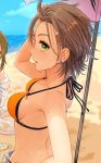  2girls blue_sky breasts brown_hair cleavage collarbone green_eyes halterneck hand_in_hair highres idolmaster idolmaster_cinderella_girls kimura_natsuki machi-z medium_breasts multiple_girls open_mouth orange_bikini_top outdoors parasol short_hair sideboob sky solo_focus sweat umbrella 