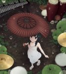  1girl bangs bare_arms bare_shoulders black_hair blue_eyes breasts closed_mouth commentary_request conga_drums cymbals dress drum from_above grass holding holding_umbrella instrument lily_pad long_hair looking_at_viewer looking_up mushroom original outdoors parasol rain sleeveless sleeveless_dress slippers small_breasts smile solo umbrella water white_dress white_footwear xylophone yajirushi_(chanoma) 