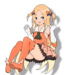  1girl :d abigail_williams_(fate/grand_order) alternate_hairstyle ass atsumisu bangs bare_shoulders blonde_hair blue_bow blue_eyes blush boots bow collarbone collared_shirt commentary_request cosplay detached_sleeves elbow_gloves eyebrows_visible_through_hair fate/grand_order fate/kaleid_liner_prisma_illya fate_(series) forehead full_body gloves hair_bow hands_up highres layered_skirt long_hair long_sleeves looking_at_viewer open_mouth orange_bow orange_footwear orange_legwear orange_shirt orange_sleeves parted_bangs pink_skirt pleated_skirt polka_dot polka_dot_bow prisma_illya prisma_illya_(cosplay) shadow shirt skirt smile solo thigh-highs thigh_boots two_side_up very_long_hair white_background white_gloves 
