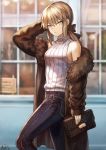  1girl artoria_pendragon_(all) bag bangs bare_shoulders belt black_ribbon blonde_hair blurry blurry_background breasts brown_coat coat day denim expressionless eyebrows_visible_through_hair fate/grand_order fate/stay_night fate_(series) fur-trimmed_coat fur_trim hair_between_eyes hair_ribbon handbag highres holding_purse long_coat long_hair looking_at_viewer mashu_003 medium_breasts off_shoulder open_clothes open_coat outdoors pants ribbon saber_alter sidelocks signature solo sweater sweater_vest turtleneck turtleneck_sweater twitter_username walking white_sweater yellow_eyes 