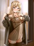  1girl bangs black_legwear blonde_hair blue_eyes blurry blurry_background blush braid breasts brown_dress choker cleavage coat_tug collarbone covered_navel cowboy_shot dress earrings girls_frontline hair_ornament highres indoors jacket jewelry k5_(girls_frontline) large_breasts leotard long_hair looking_at_viewer off_shoulder open_clothes open_dress open_jacket see-through sidelocks skindentation smile solo string testame thigh-highs 