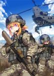  3girls assault_rifle backpack bag blonde_hair blue_eyes brown_hair ch-47_chinook clouds commentary frown gloves gun handgun headset helmet holster knee_pads kws load_bearing_vest m4_carbine military military_uniform mountain multiple_girls original pistol rappelling rifle rope serious short_ponytail sidelocks sky soldier squatting thigh_holster trigger_discipline uniform vertical_foregrip violet_eyes watch watch weapon 